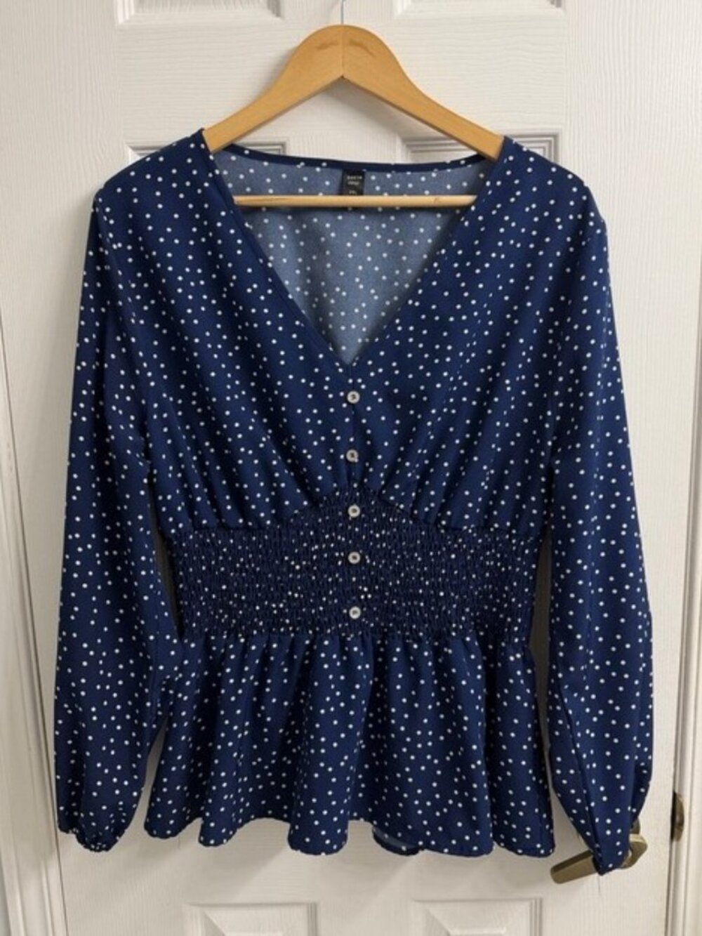 SHEIN Curve Navy Polka Dot Peplum Blouse Women's 2XL Smocked Waist V Neck Chic